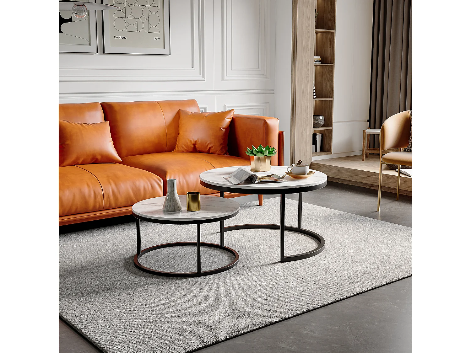 Lot de 2 tables basses, gigognes superposables de salon, tables de salon effet marbre,blanc et noirs
