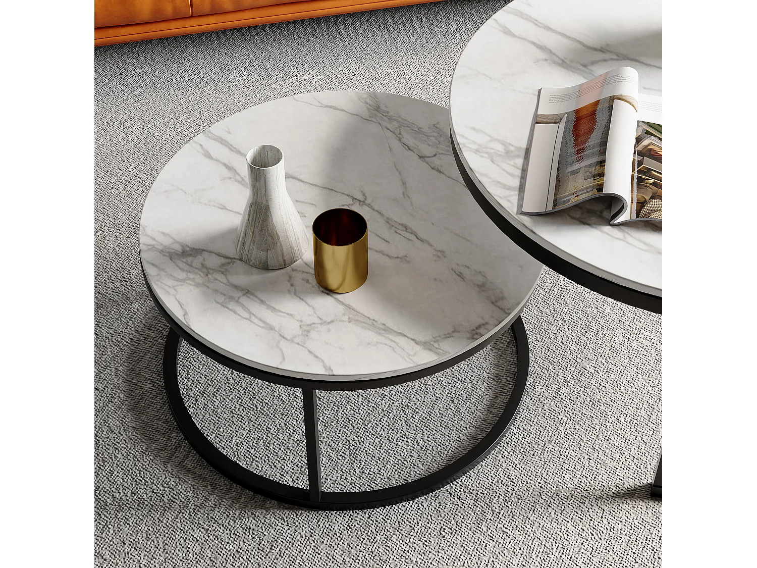 Lot de 2 tables basses, gigognes superposables de salon, tables de salon effet marbre,blanc et noirs
