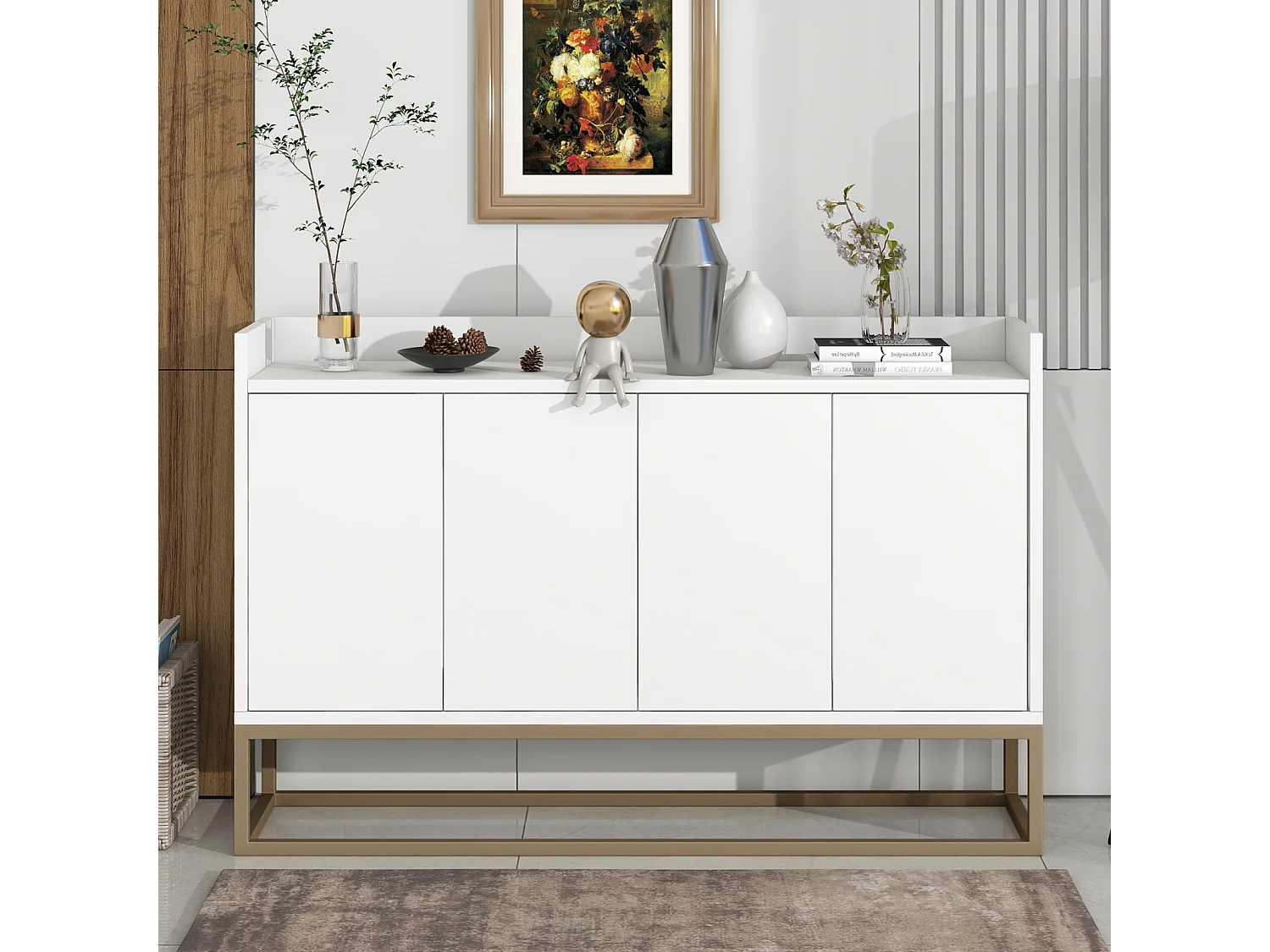 Minimalistisch dressoir met 4 deuren, metalen poten en verstelbare plank, wit