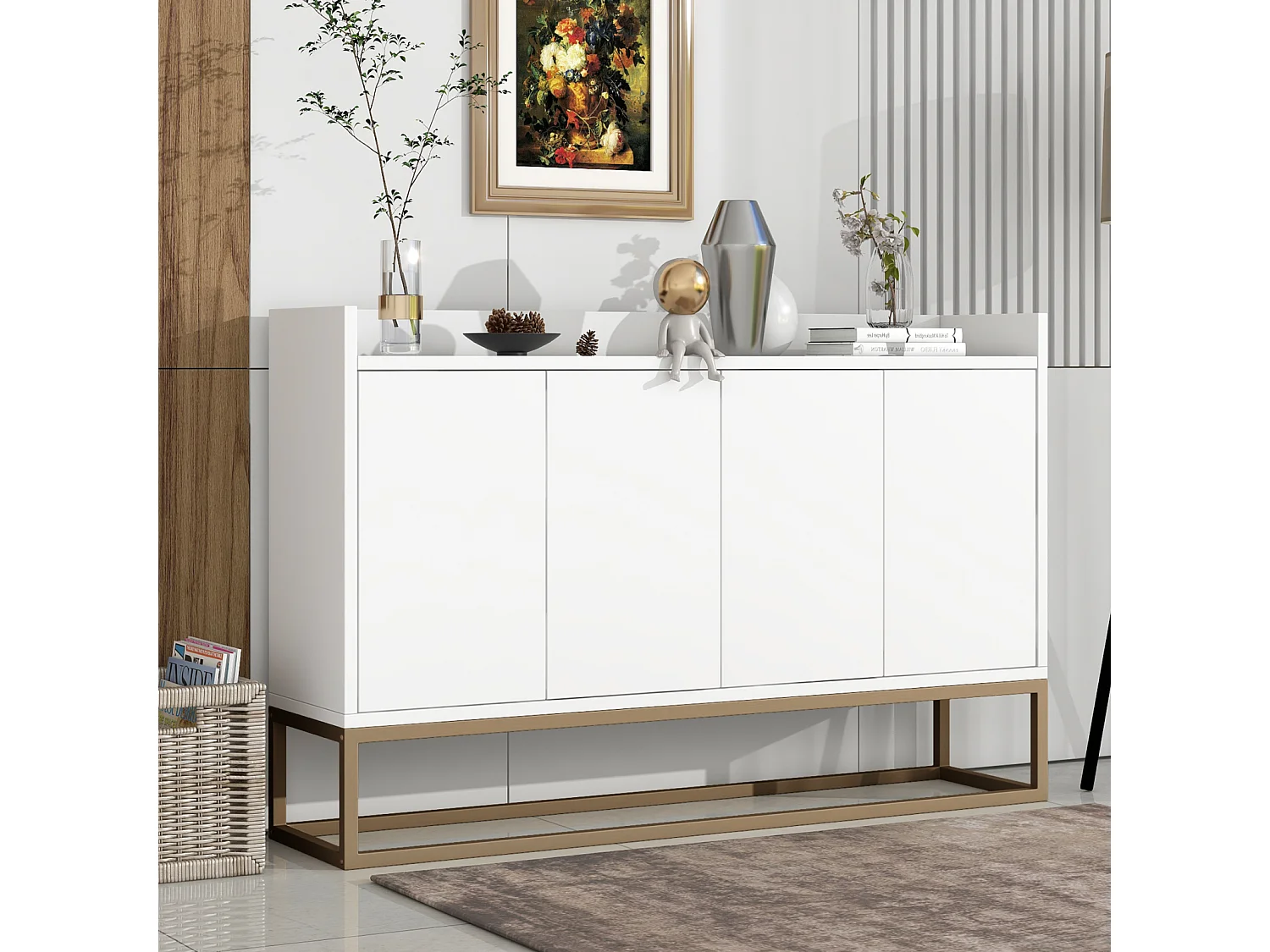 Minimalistisch dressoir met 4 deuren, metalen poten en verstelbare plank, wit