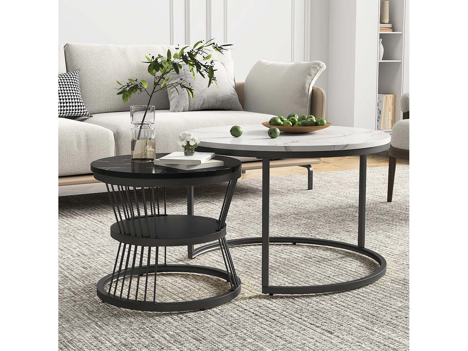 Set van 2 in elkaar passende salontafels, salontafel met marmerlook, rond 70/45 cm, wit + zwart