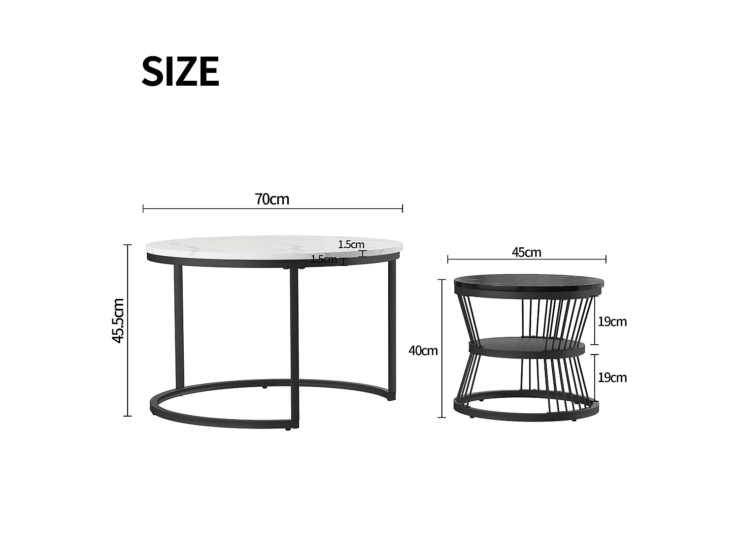 Set van 2 in elkaar passende salontafels, salontafel met marmerlook, rond 70/45 cm, wit + zwart