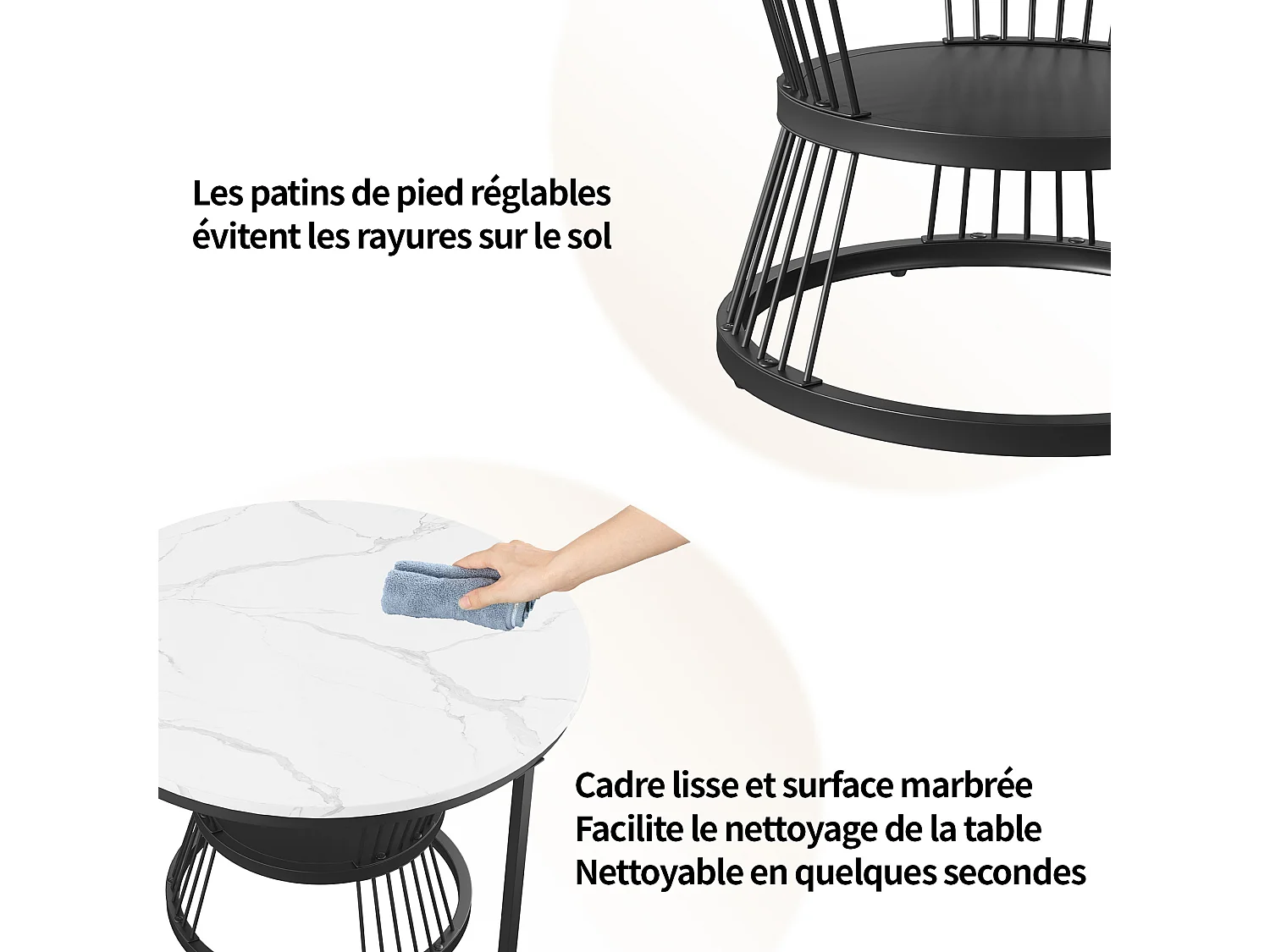 Set van 2 in elkaar passende salontafels, salontafel met marmerlook, rond 70/45 cm, wit + zwart