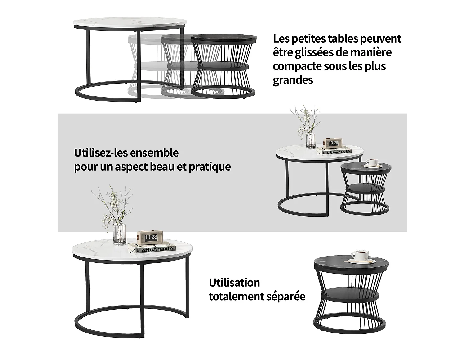 Set van 2 in elkaar passende salontafels, salontafel met marmerlook, rond 70/45 cm, wit + zwart