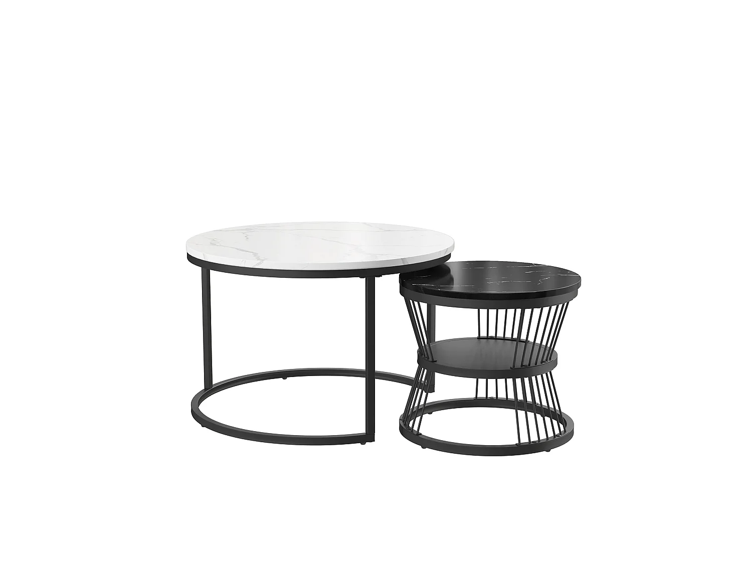 Set van 2 in elkaar passende salontafels, salontafel met marmerlook, rond 70/45 cm, wit + zwart