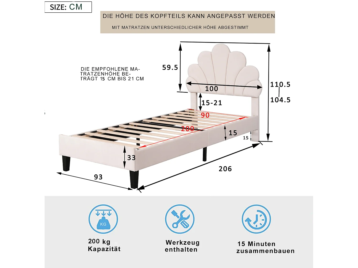 Lit Enfant rembourré 90x200, avec tête de lit en Forme de Fleur et sommier à Lattes, Velours, beige