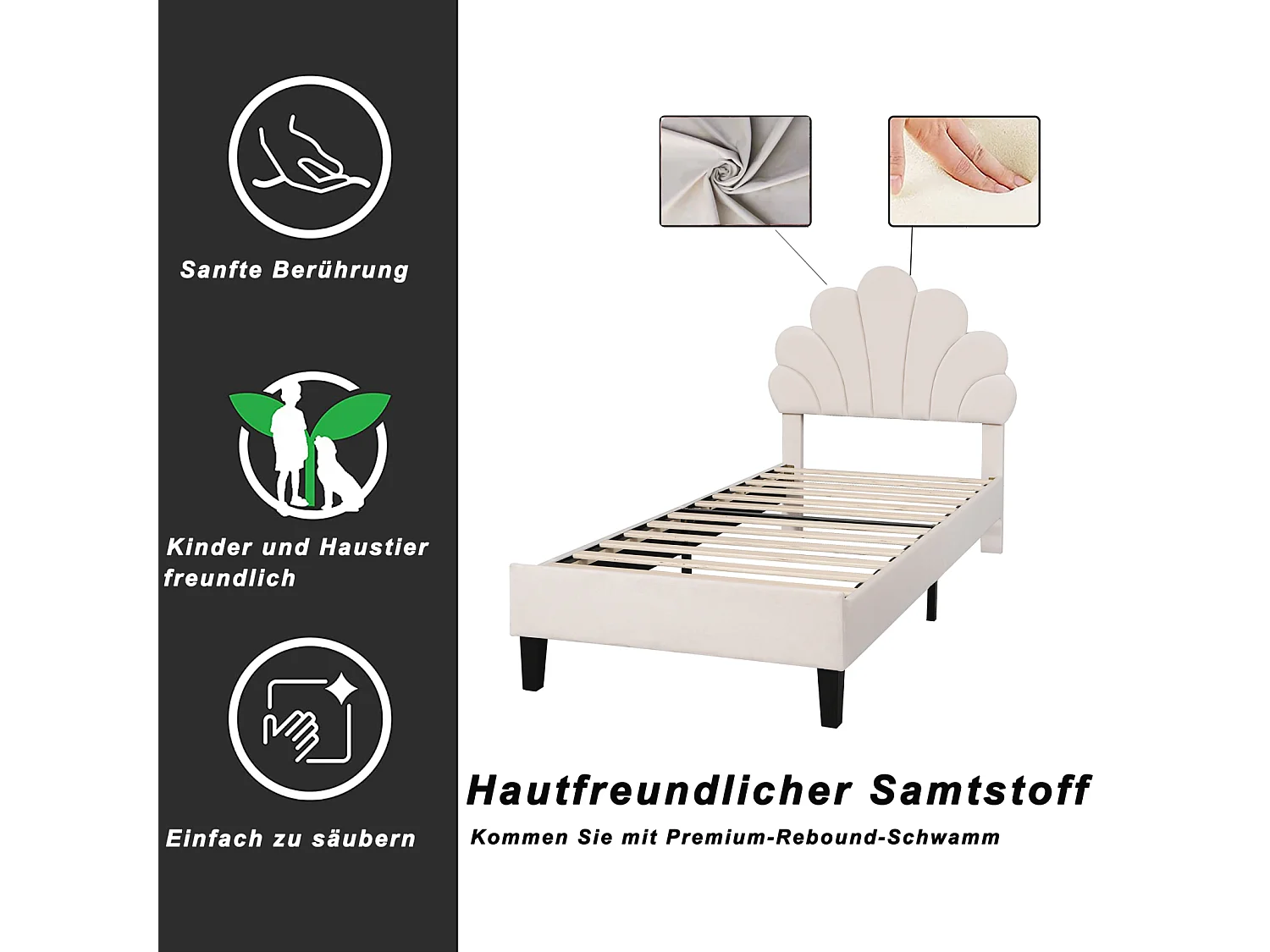 Lit Enfant rembourré 90x200, avec tête de lit en Forme de Fleur et sommier à Lattes, Velours, beige