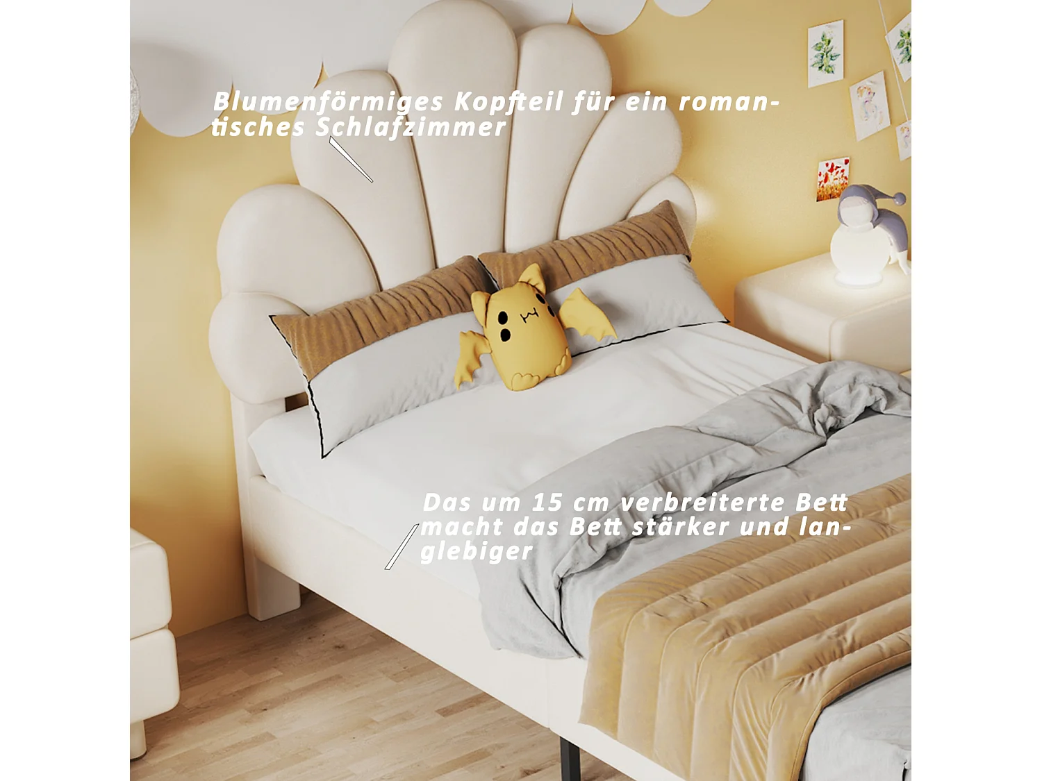 Lit Enfant rembourré 90x200, avec tête de lit en Forme de Fleur et sommier à Lattes, Velours, beige
