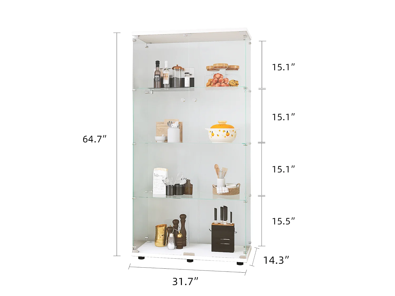 Glazen vitrines met 4 glazen planken, wit, dubbele deuren, 36 x 80 x 164 cm