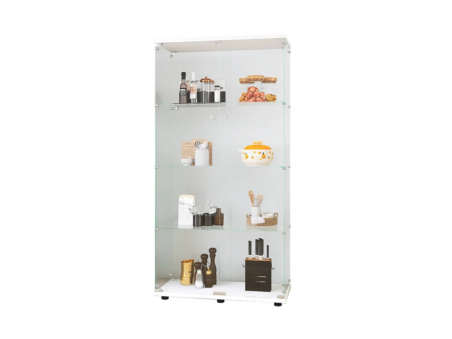 Glazen vitrines met 4 glazen planken, wit, dubbele deuren, 36 x 80 x 164 cm