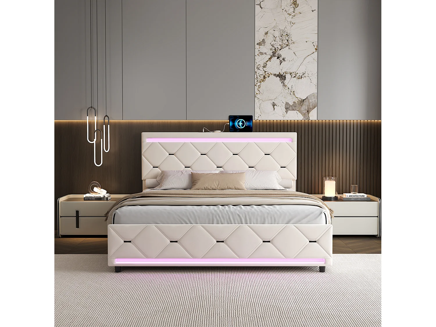 Cama de casal 160x200 cm com estrado e LED, com 4 gavetas, cabeceira em veludo com USB e Type-C, branco