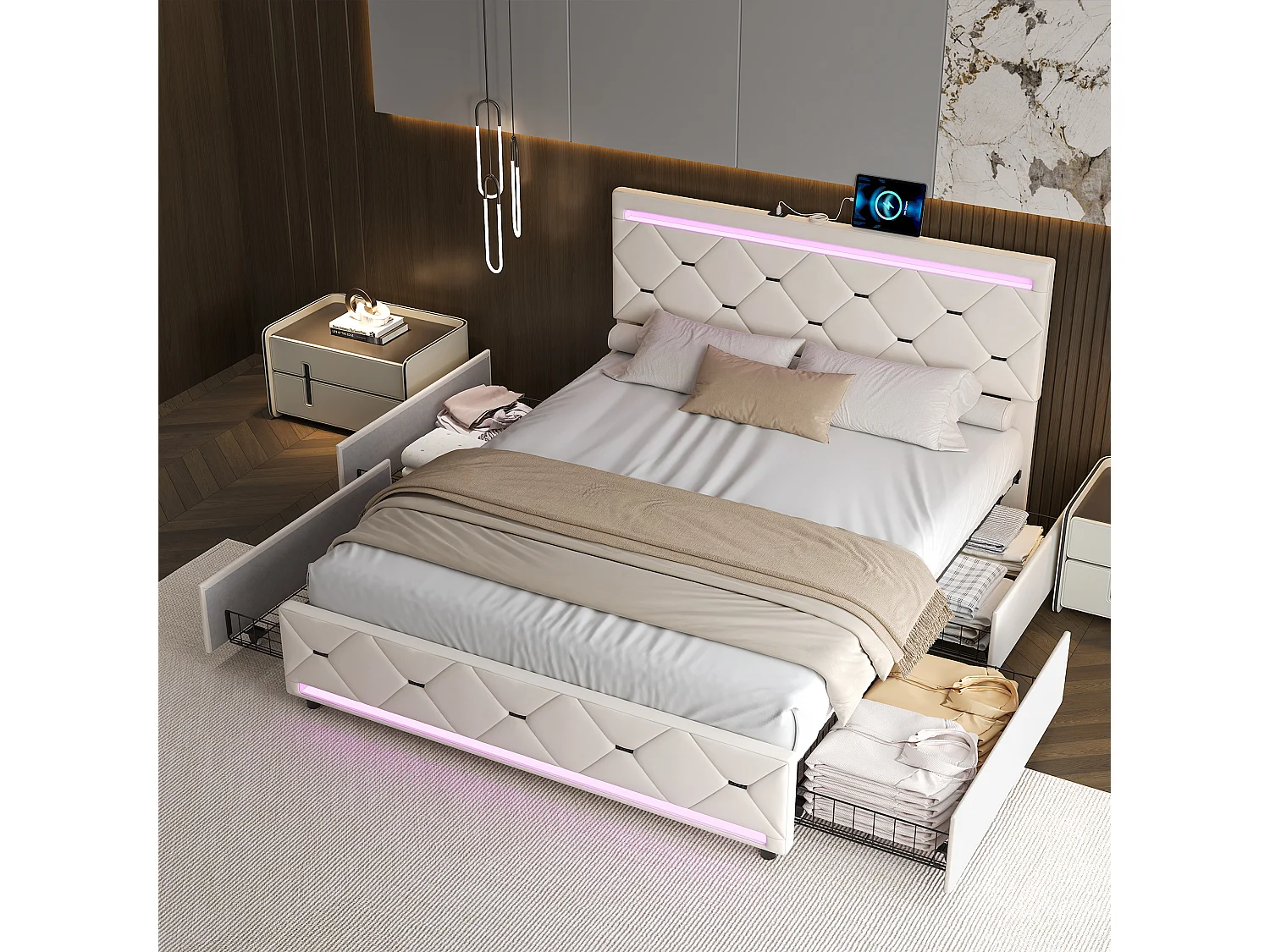 Cama de casal 160x200 cm com estrado e LED, com 4 gavetas, cabeceira em veludo com USB e Type-C, branco