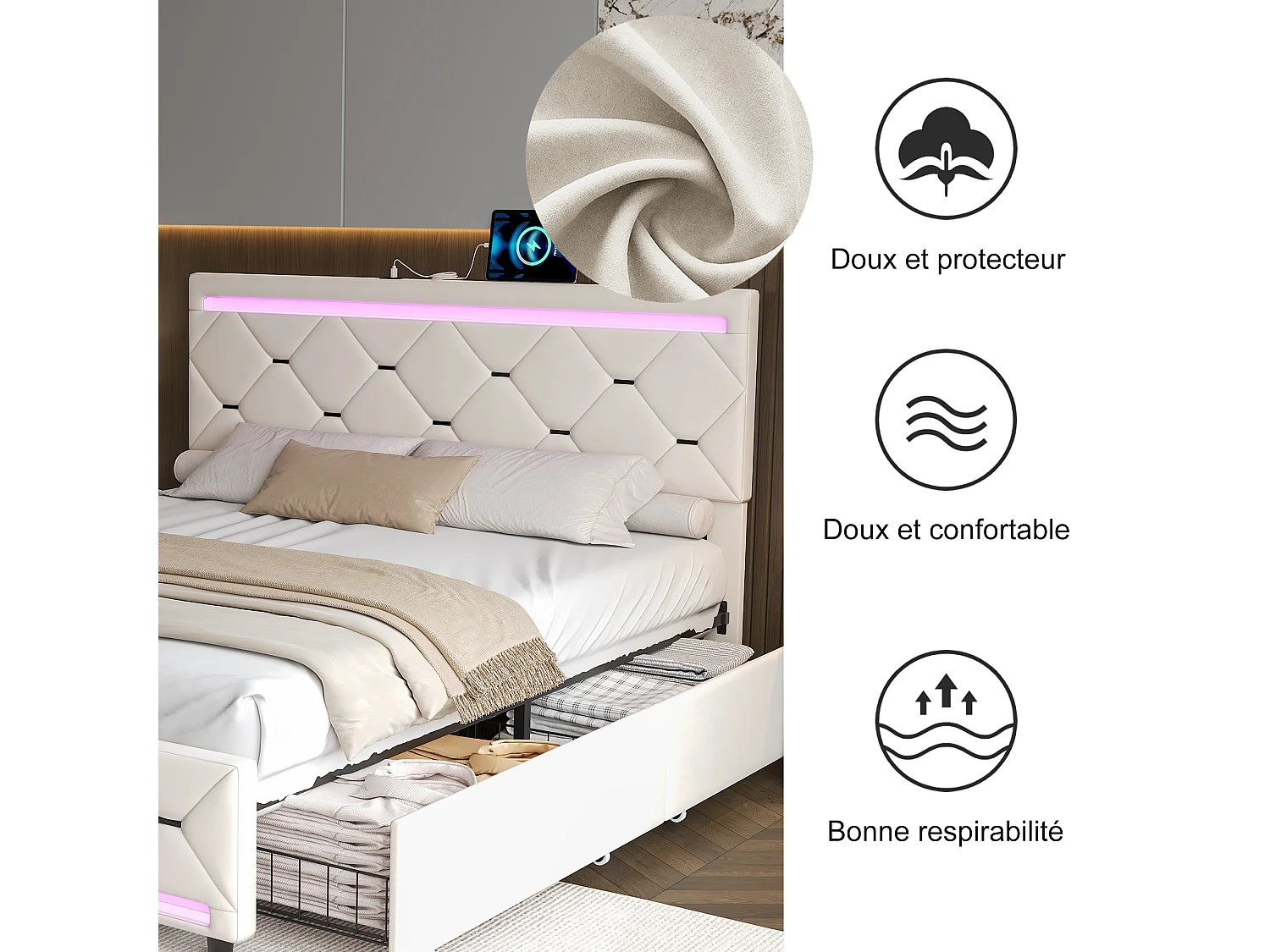 Cama de casal 160x200 cm com estrado e LED, com 4 gavetas, cabeceira em veludo com USB e Type-C, branco