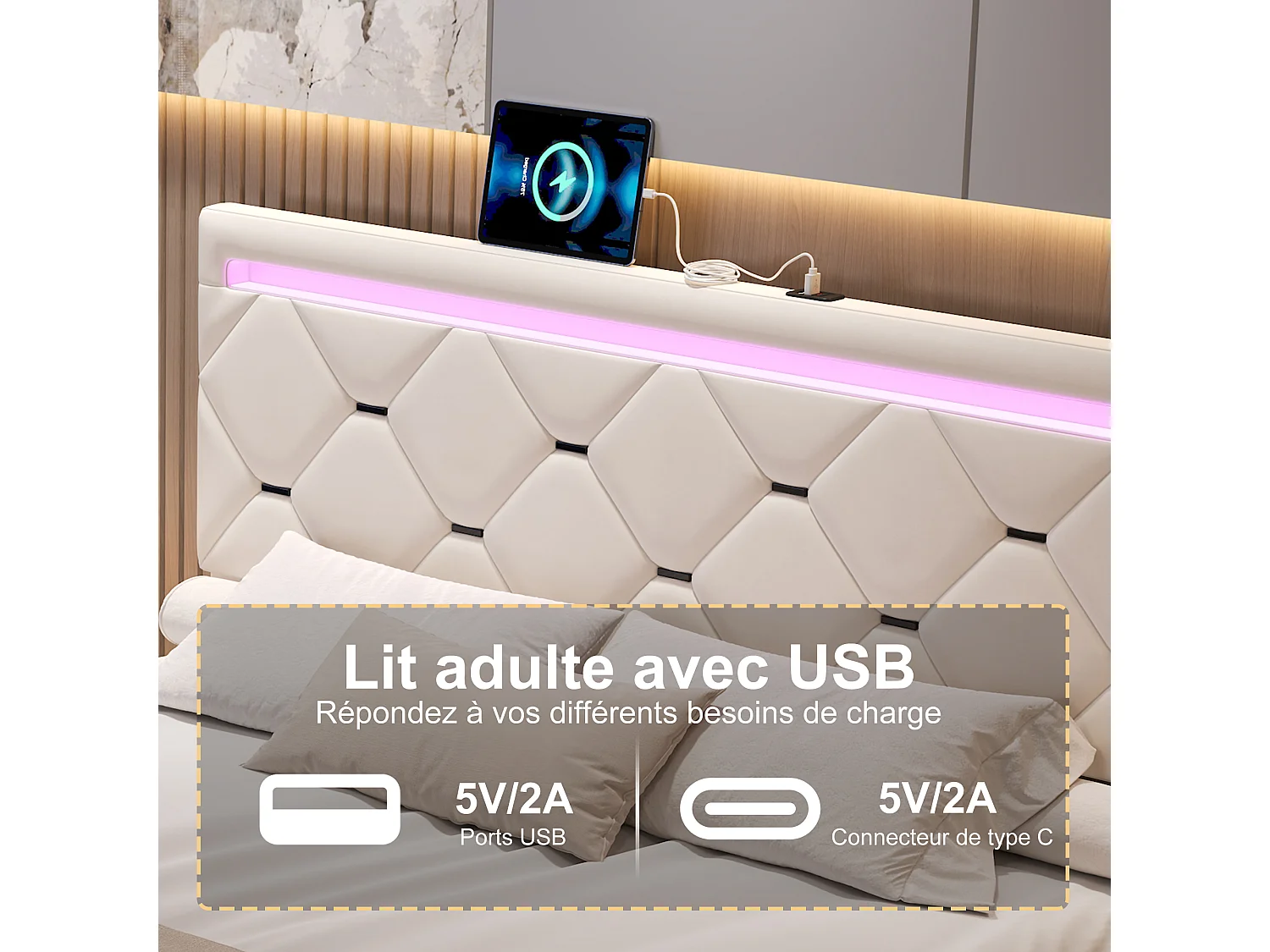 Cama de casal 160x200 cm com estrado e LED, com 4 gavetas, cabeceira em veludo com USB e Type-C, branco