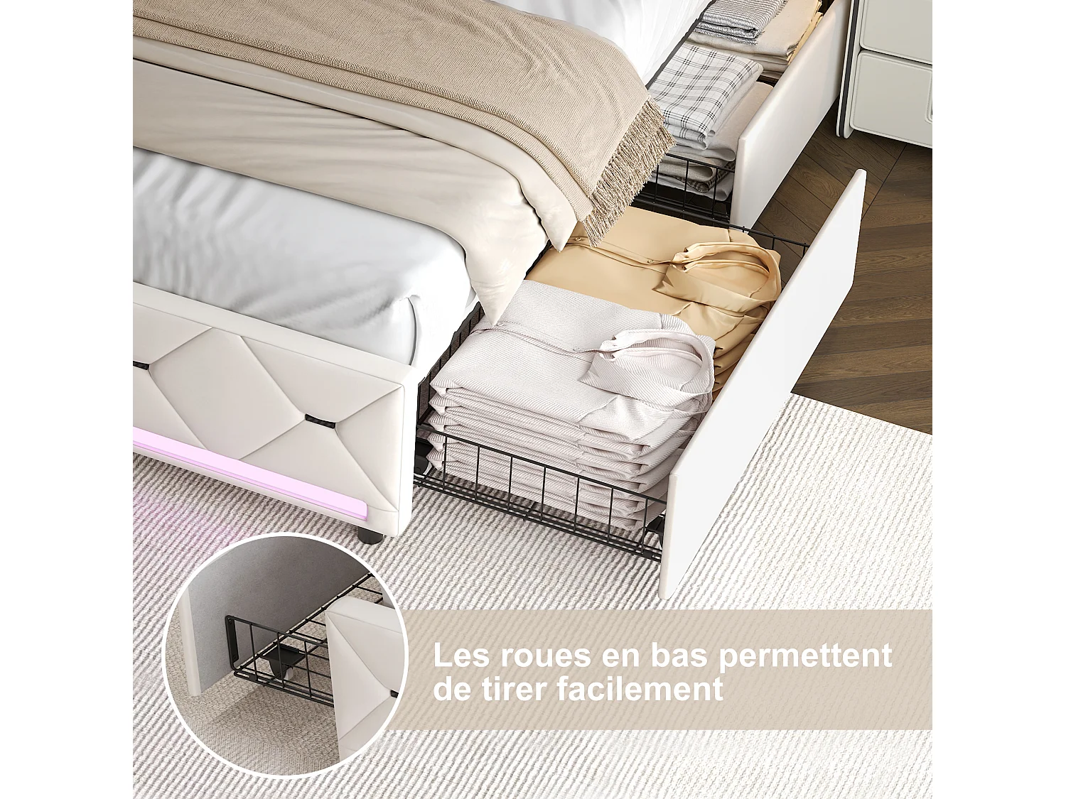 Cama de casal 160x200 cm com estrado e LED, com 4 gavetas, cabeceira em veludo com USB e Type-C, branco