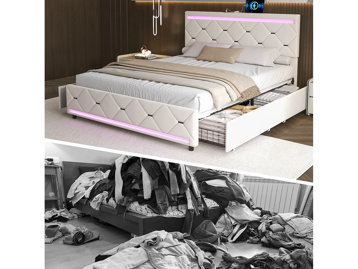 Cama de casal 160x200 cm com estrado e LED, com 4 gavetas, cabeceira em veludo com USB e Type-C, branco