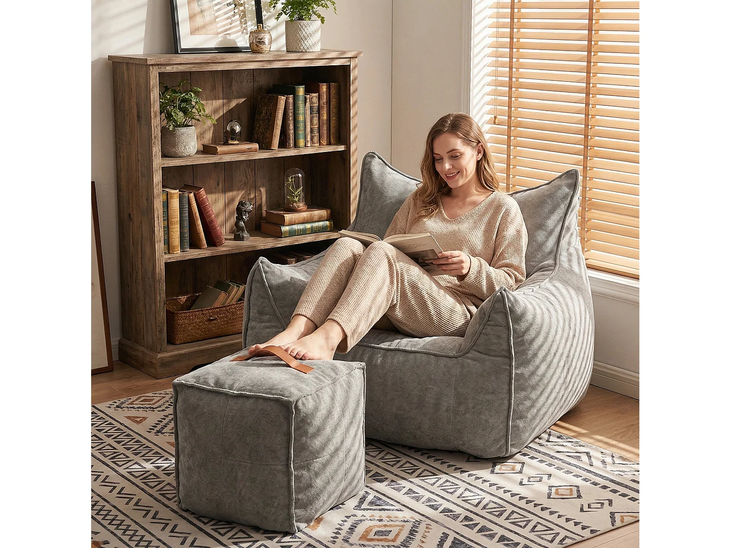 Pouf classique et son repose - pied carré velours côtelé, Gris, chambre et salon - Puluomis