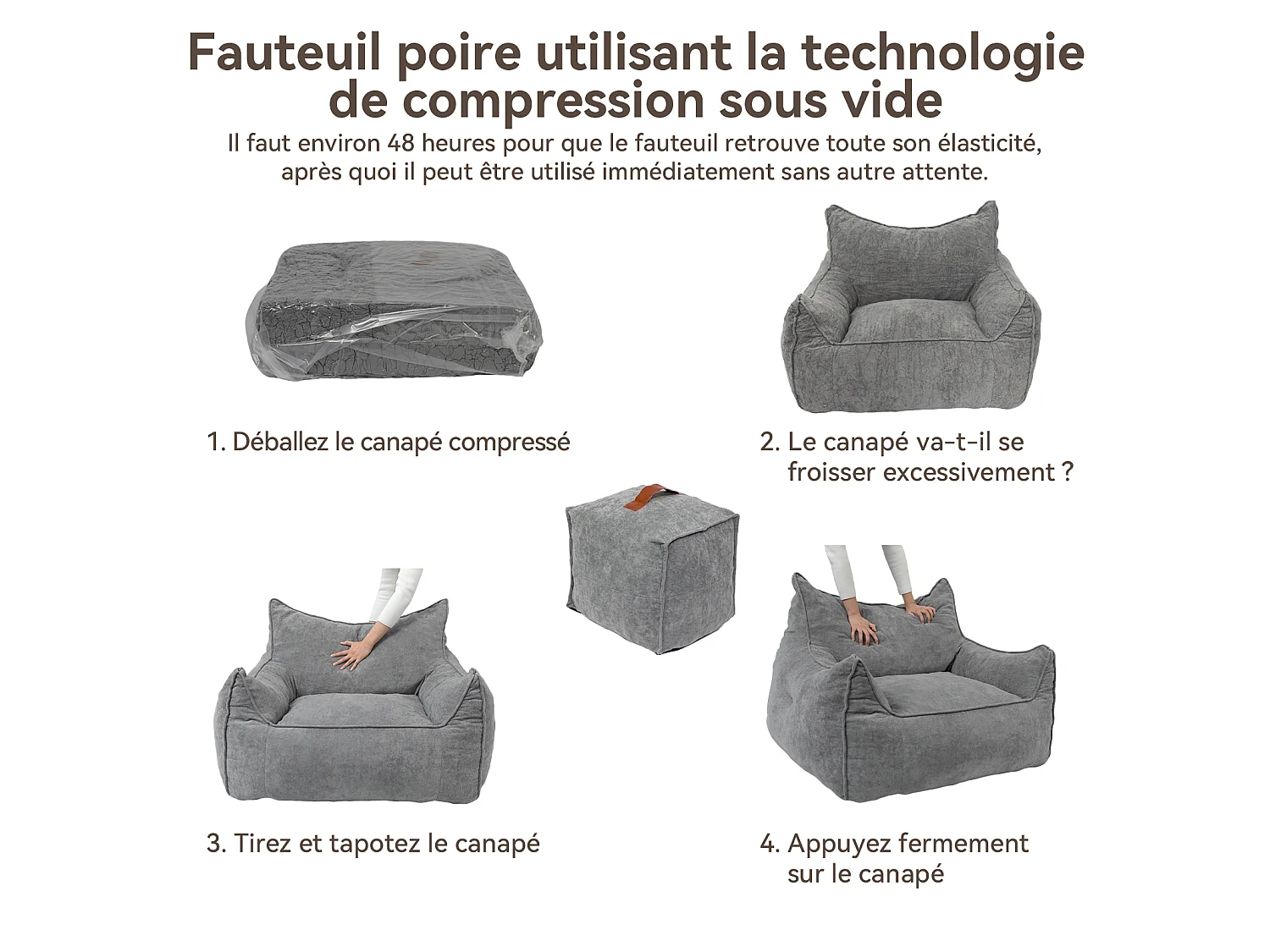 Pouf classique et son repose - pied carré velours côtelé, Gris, chambre et salon - Puluomis