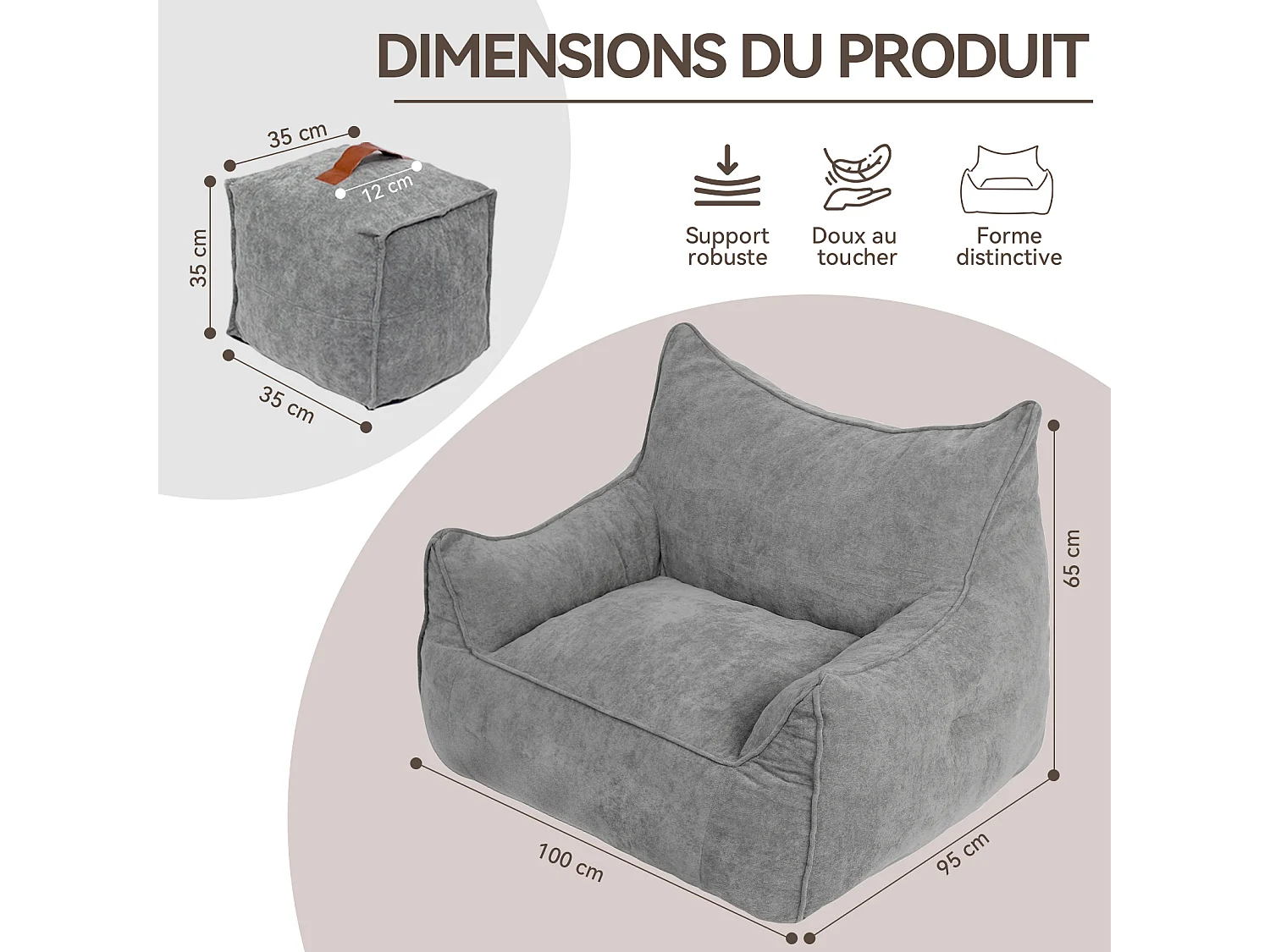 Pouf classique et son repose - pied carré velours côtelé, Gris, chambre et salon - Puluomis