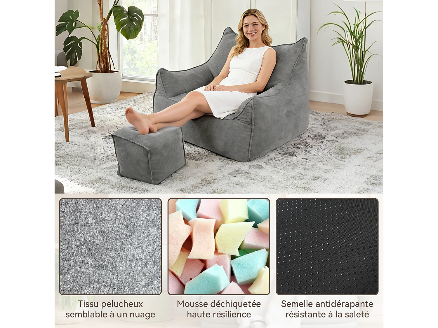 Pouf classique et son repose - pied carré velours côtelé, Gris, chambre et salon - Puluomis