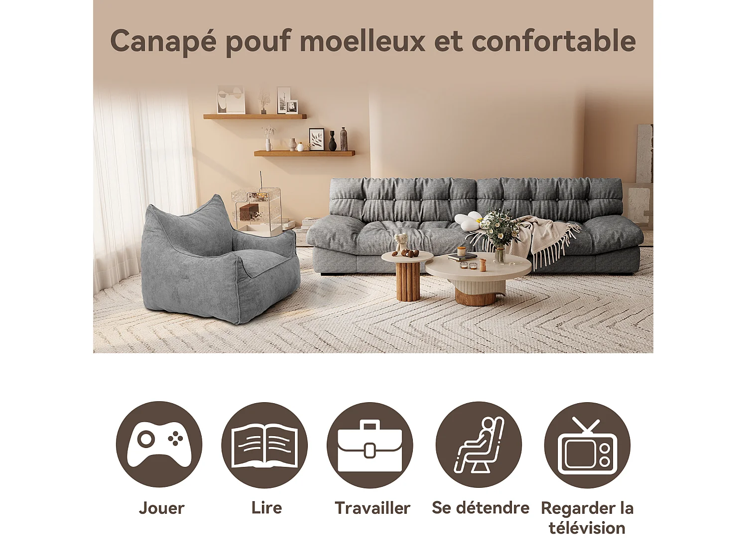 Pouf classique et son repose - pied carré velours côtelé, Gris, chambre et salon - Puluomis