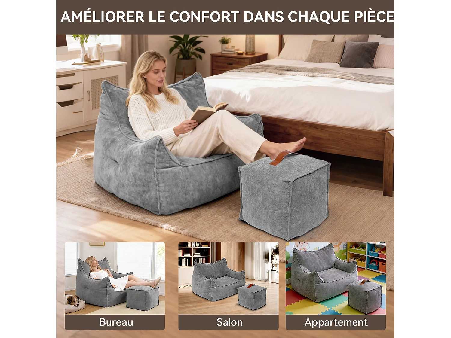 Pouf classique et son repose - pied carré velours côtelé, Gris, chambre et salon - Puluomis
