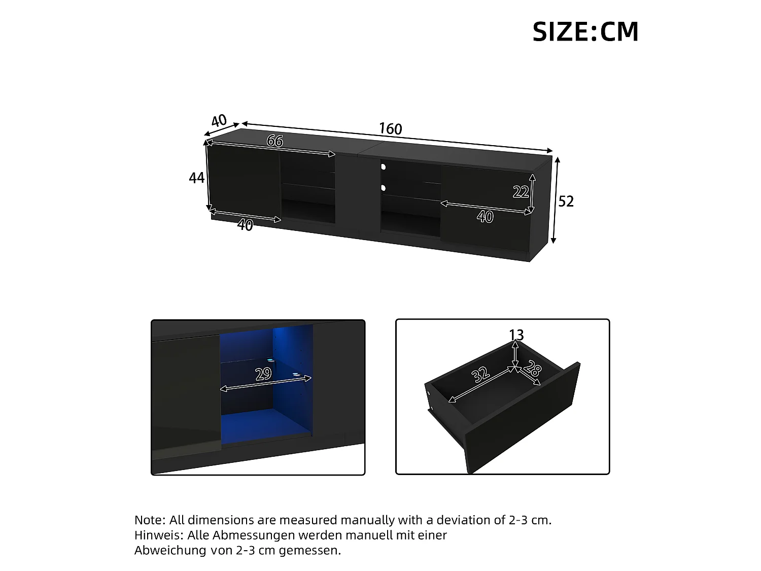 Móvel para TV 160 x 40 x 52 cm, cômoda laqueada, aparador com iluminação LED, para sala de estar e quarto, preto