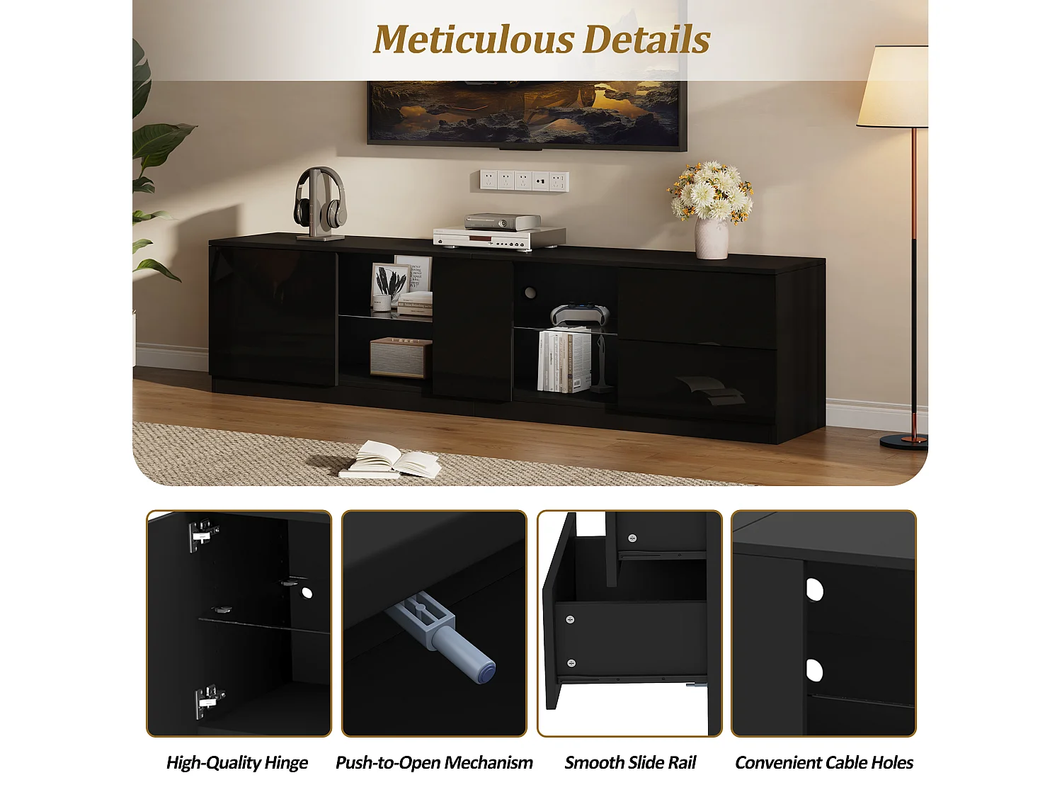 Móvel para TV 160 x 40 x 52 cm, cômoda laqueada, aparador com iluminação LED, para sala de estar e quarto, preto