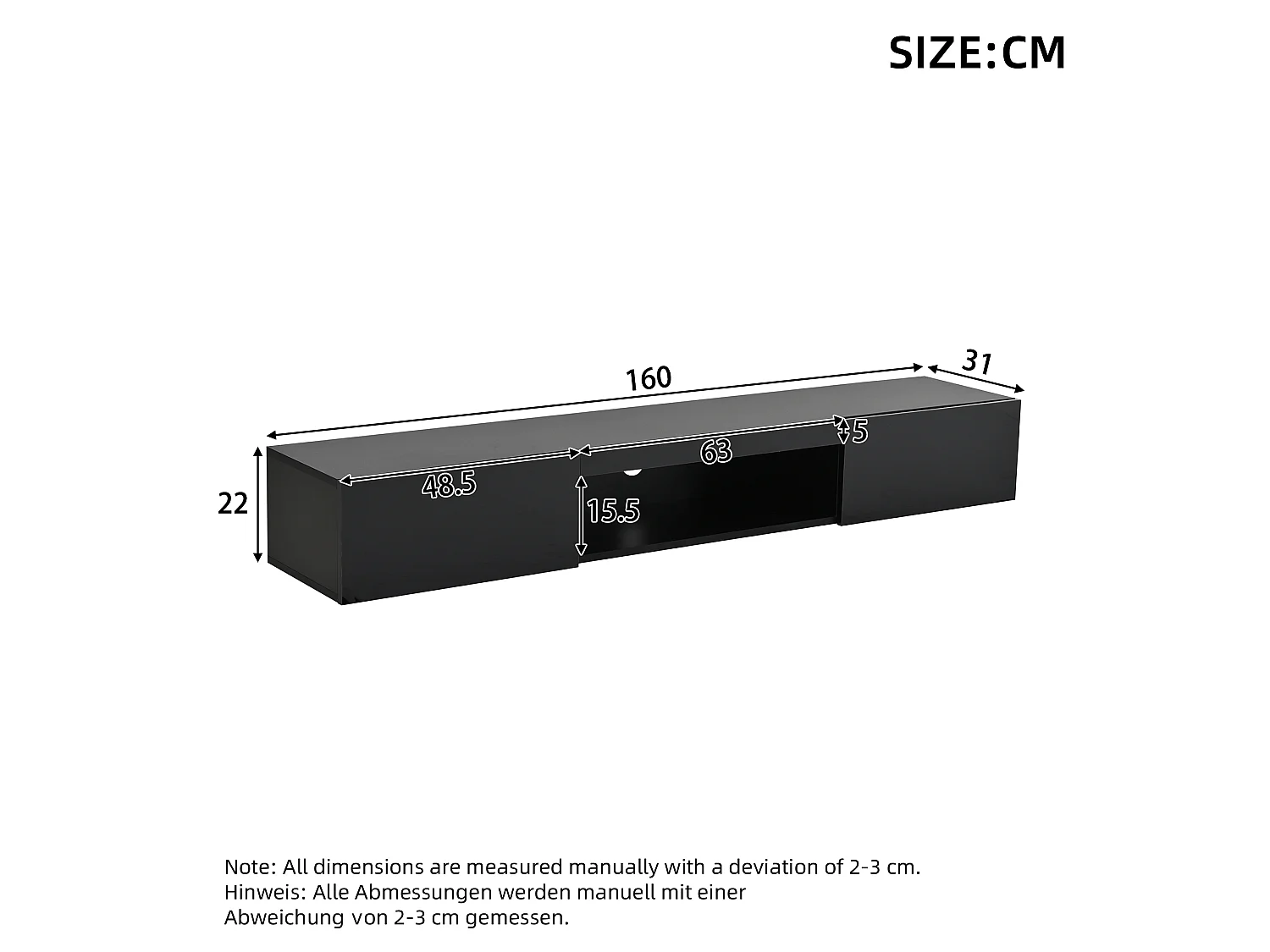 Suporte de TV laqueado 160 x 31 x 22 cm, suporte para TV com LED, modelo baixo, para TVs de 70 polegadas, preto