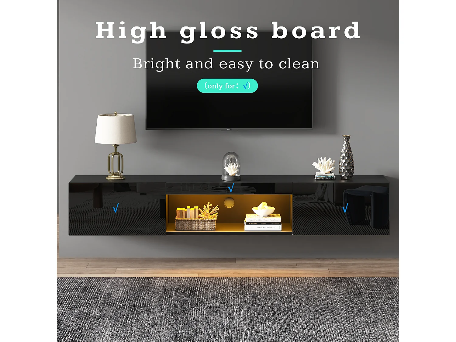 Suporte de TV laqueado 160 x 31 x 22 cm, suporte para TV com LED, modelo baixo, para TVs de 70 polegadas, preto