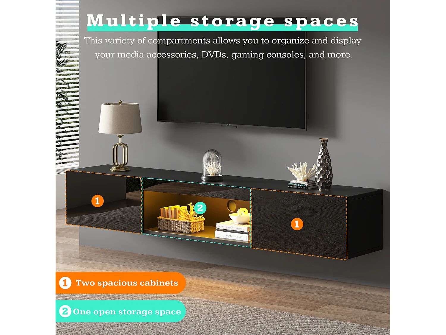 Suporte de TV laqueado 160 x 31 x 22 cm, suporte para TV com LED, modelo baixo, para TVs de 70 polegadas, preto