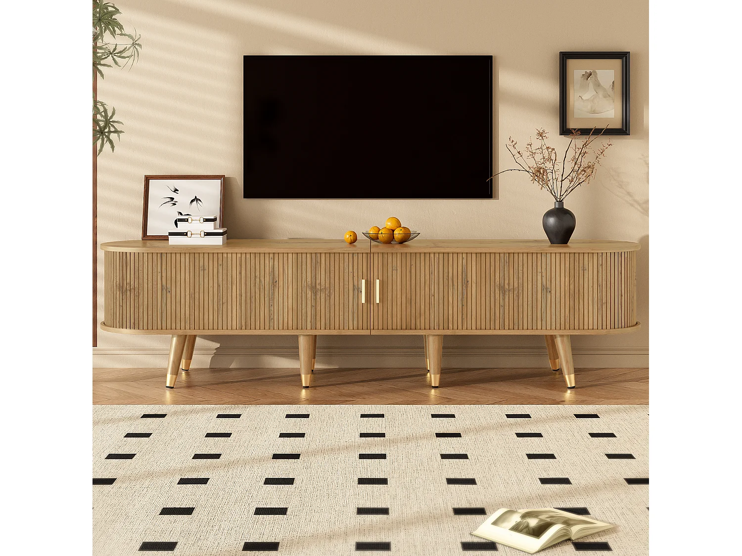 Mobile TV basso, 175 cm, colore legno naturale, con anta scorrevole in rattan e cassetti, per soggiorno