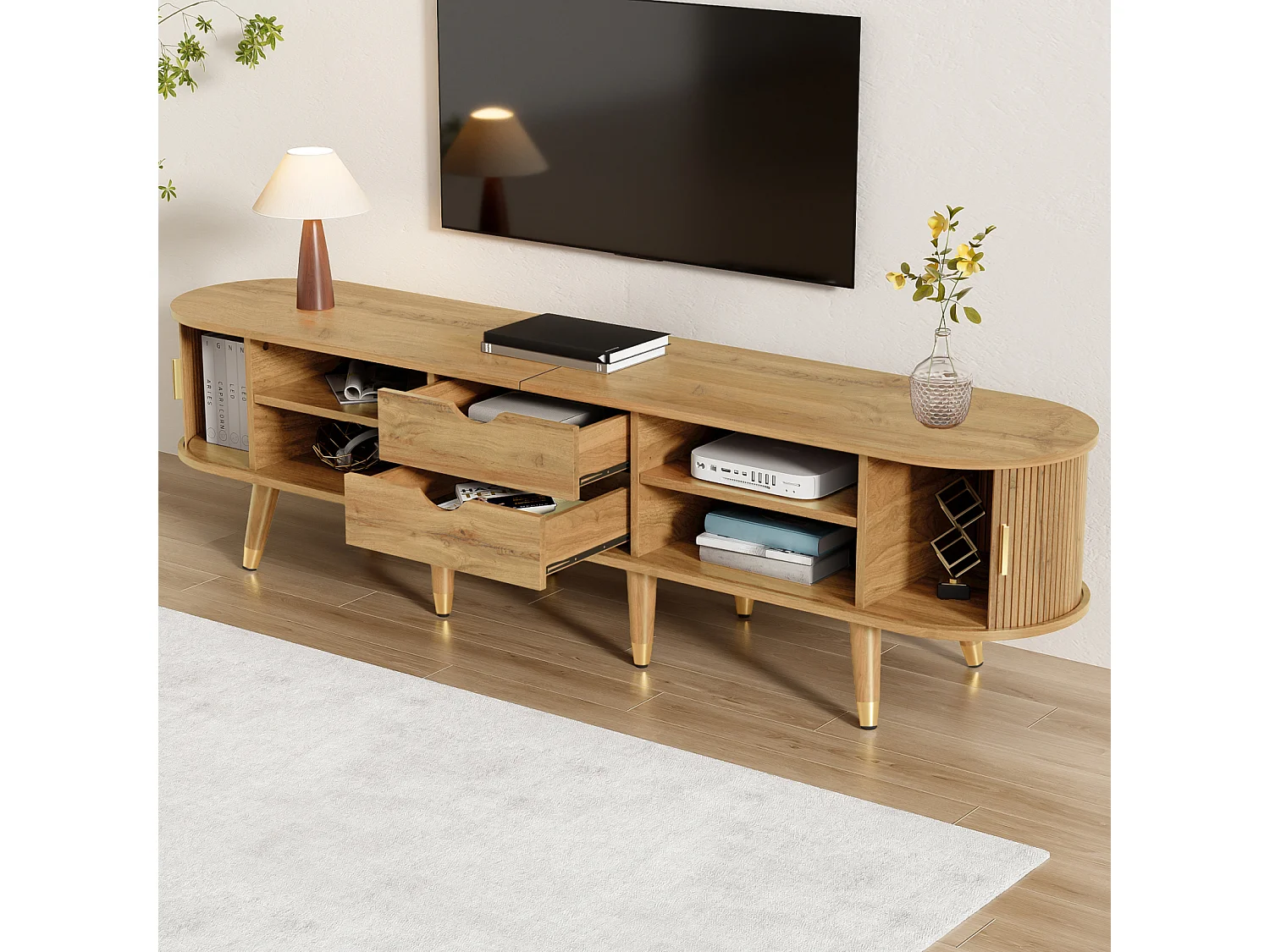 Mobile TV basso, 175 cm, colore legno naturale, con anta scorrevole in rattan e cassetti, per soggiorno