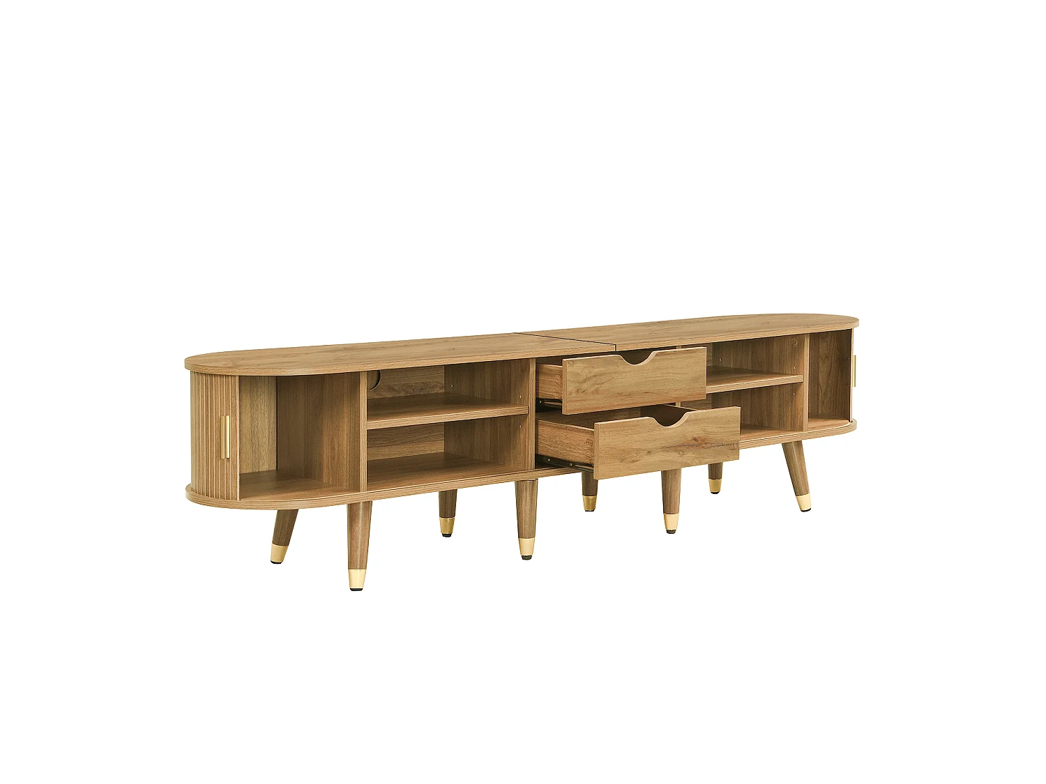 Mobile TV basso, 175 cm, colore legno naturale, con anta scorrevole in rattan e cassetti, per soggiorno