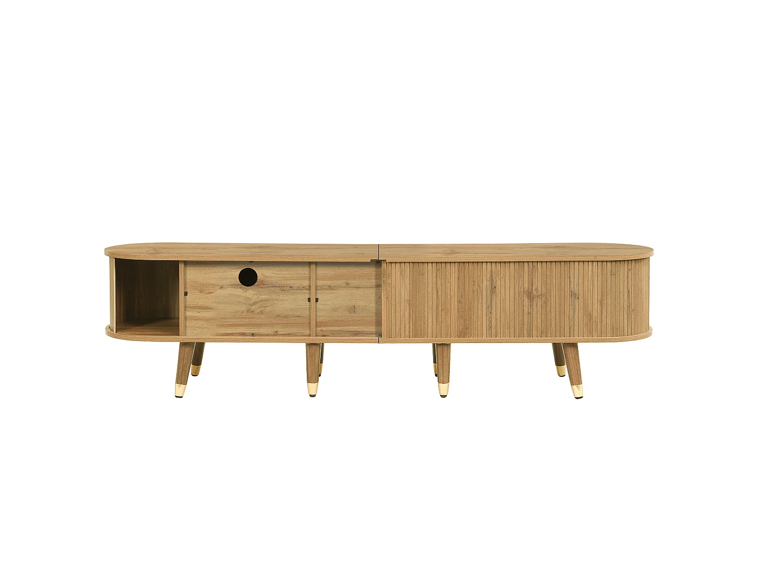 Mobile TV basso, 175 cm, colore legno naturale, con anta scorrevole in rattan e cassetti, per soggiorno