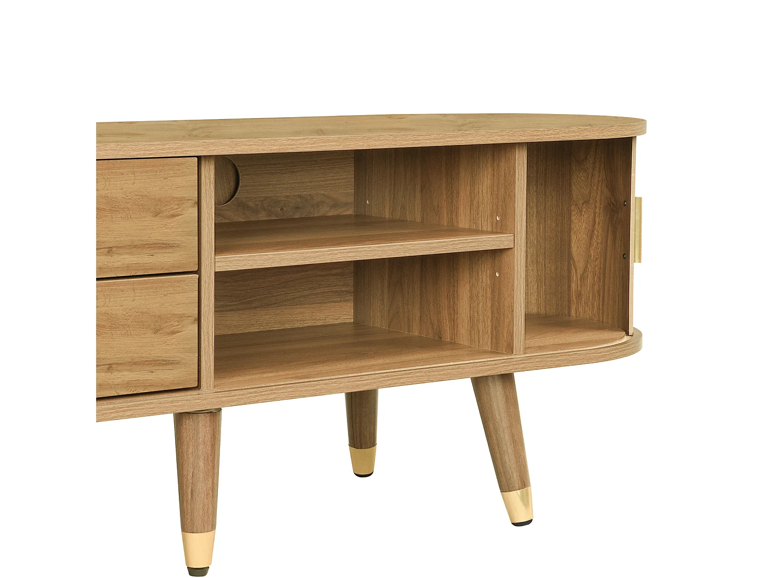 Mobile TV basso, 175 cm, colore legno naturale, con anta scorrevole in rattan e cassetti, per soggiorno