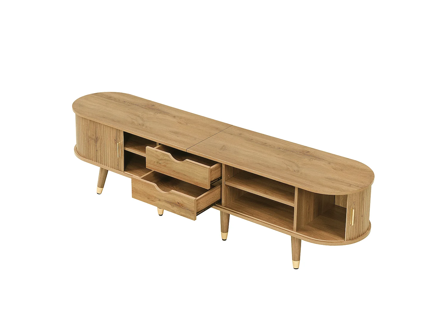 Mobile TV basso, 175 cm, colore legno naturale, con anta scorrevole in rattan e cassetti, per soggiorno