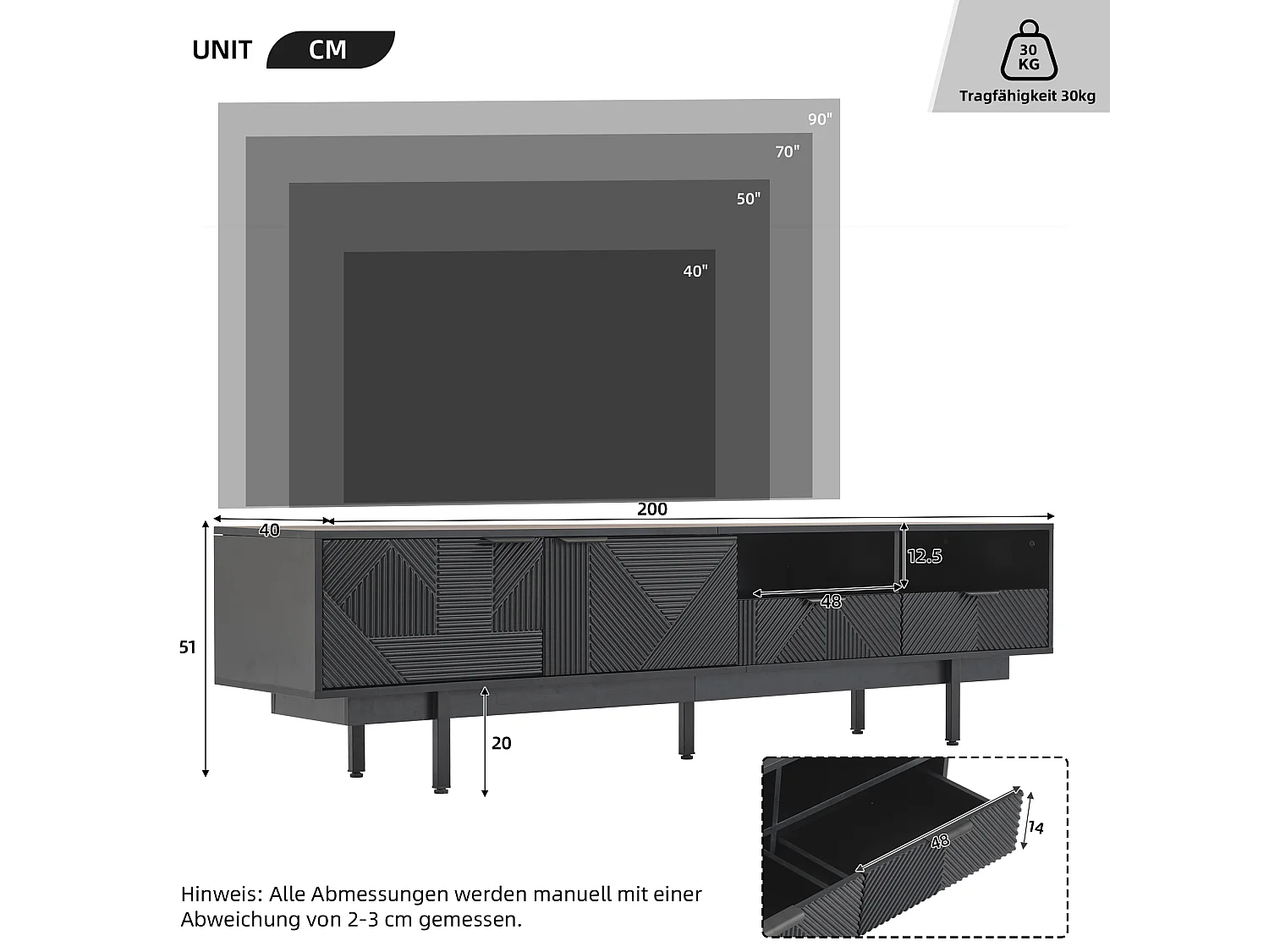 Móvel baixo para TV com 2 portas e 2 gavetas, 2 compartimentos e pés de metal, 200 x 40 x 51 cm, preto