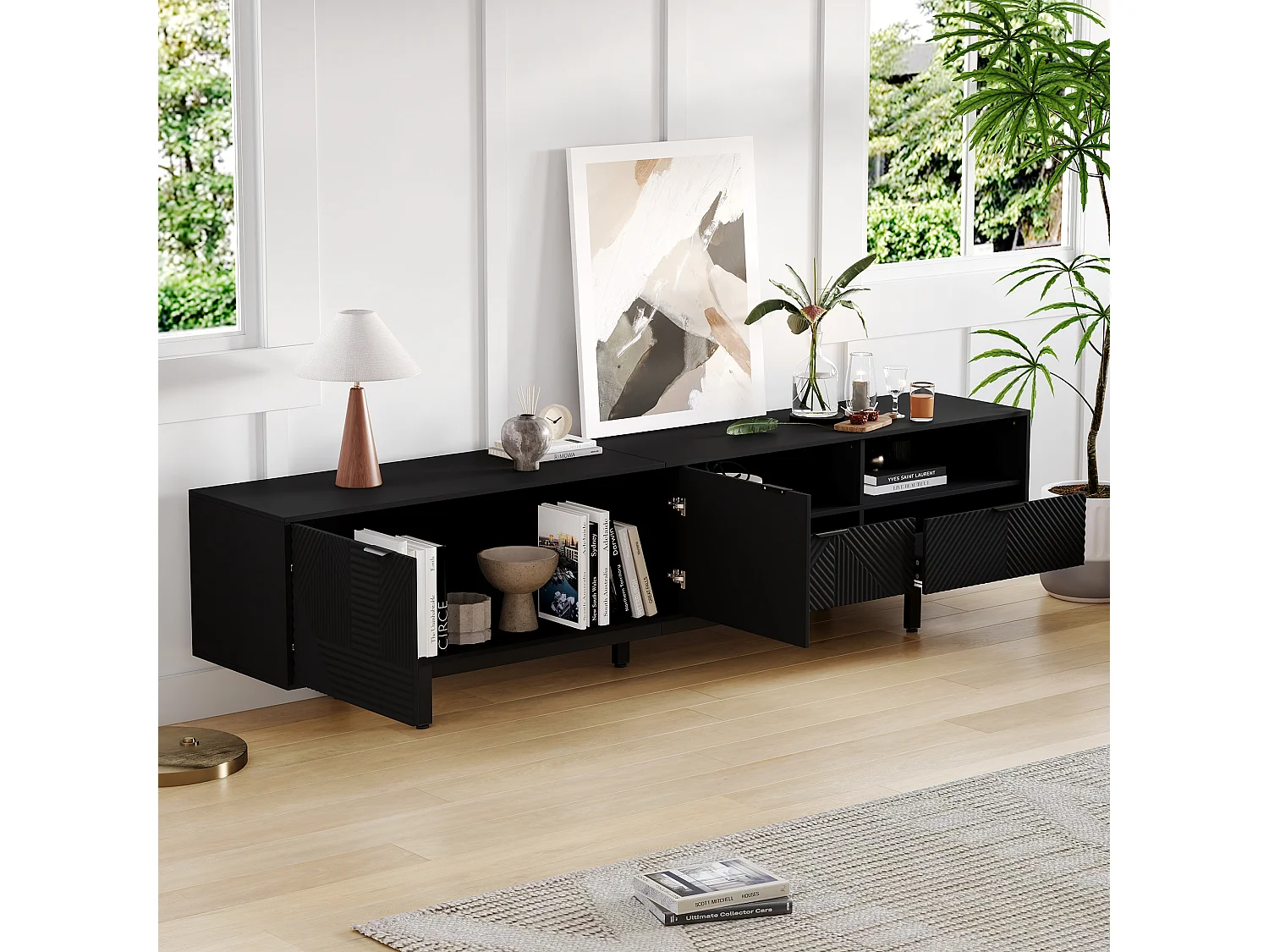 Móvel baixo para TV com 2 portas e 2 gavetas, 2 compartimentos e pés de metal, 200 x 40 x 51 cm, preto