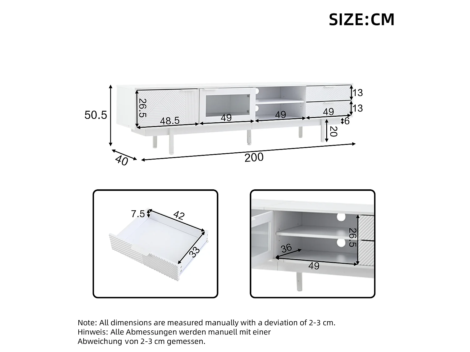 Meuble TV bohème avec espace de rangement, portes d'armoire minimalistes, 200 x 40 x 51 cm, blanc