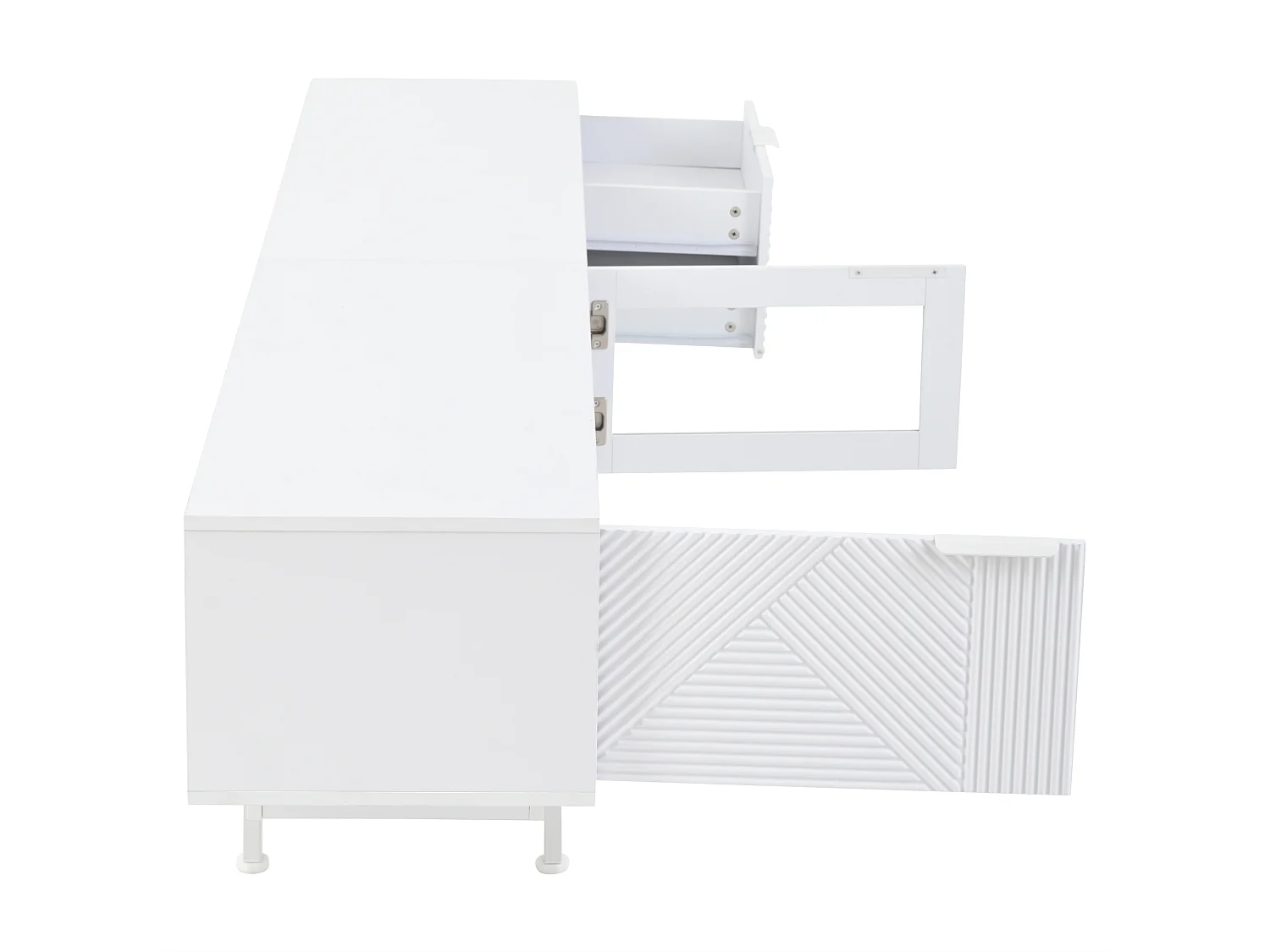 Meuble TV bohème avec espace de rangement, portes d'armoire minimalistes, 200 x 40 x 51 cm, blanc