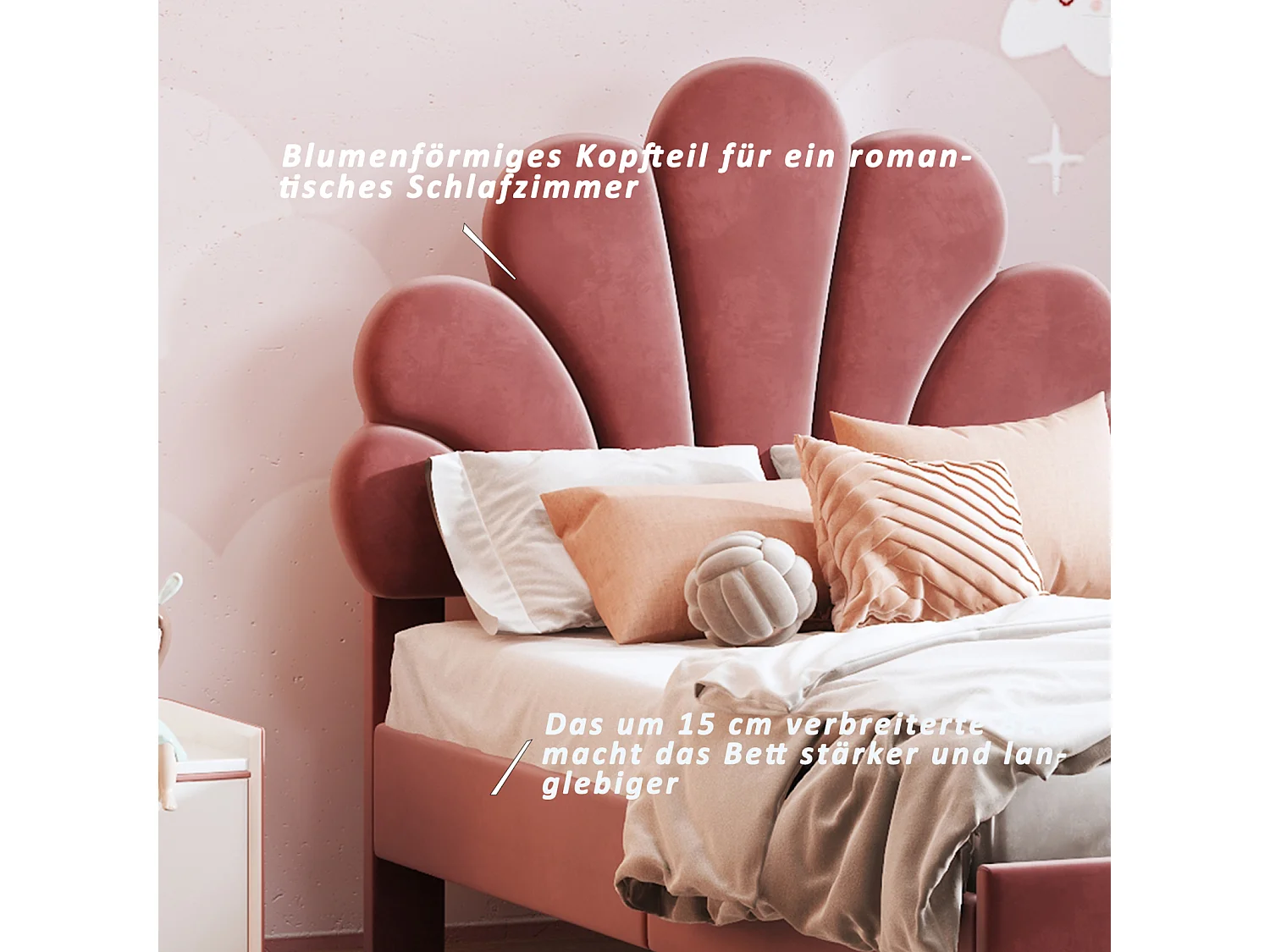 Lit Simple 90 x 200 cm, rembourré, avec tête de lit en Forme de Fleur et sommier à Lattes, Rose