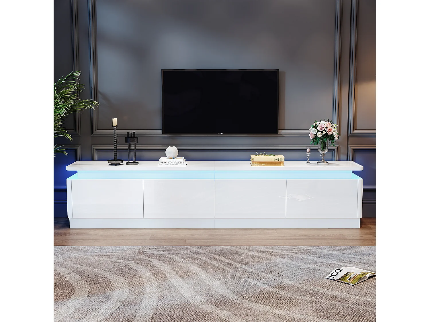 Meuble TV 180 x 34 x 40 cm avec 4 tiroirs, support TV, avec LED, lowboard laqué et table TV, blanc
