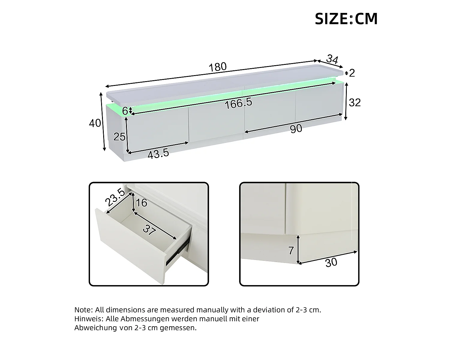 Meuble TV 180 x 34 x 40 cm avec 4 tiroirs, support TV, avec LED, lowboard laqué et table TV, blanc