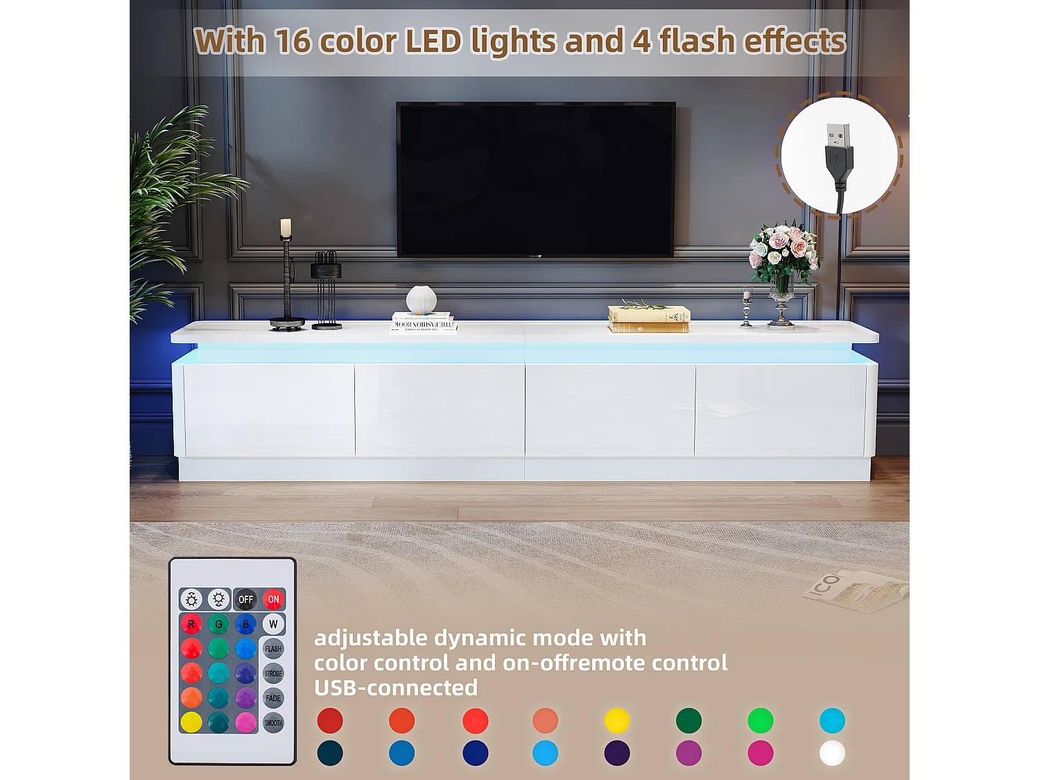 Meuble TV 180 x 34 x 40 cm avec 4 tiroirs, support TV, avec LED, lowboard laqué et table TV, blanc