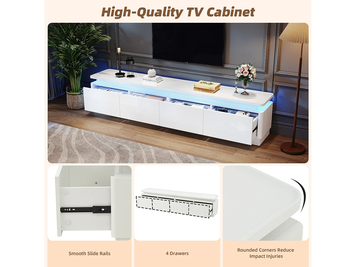 Meuble TV 180 x 34 x 40 cm avec 4 tiroirs, support TV, avec LED, lowboard laqué et table TV, blanc