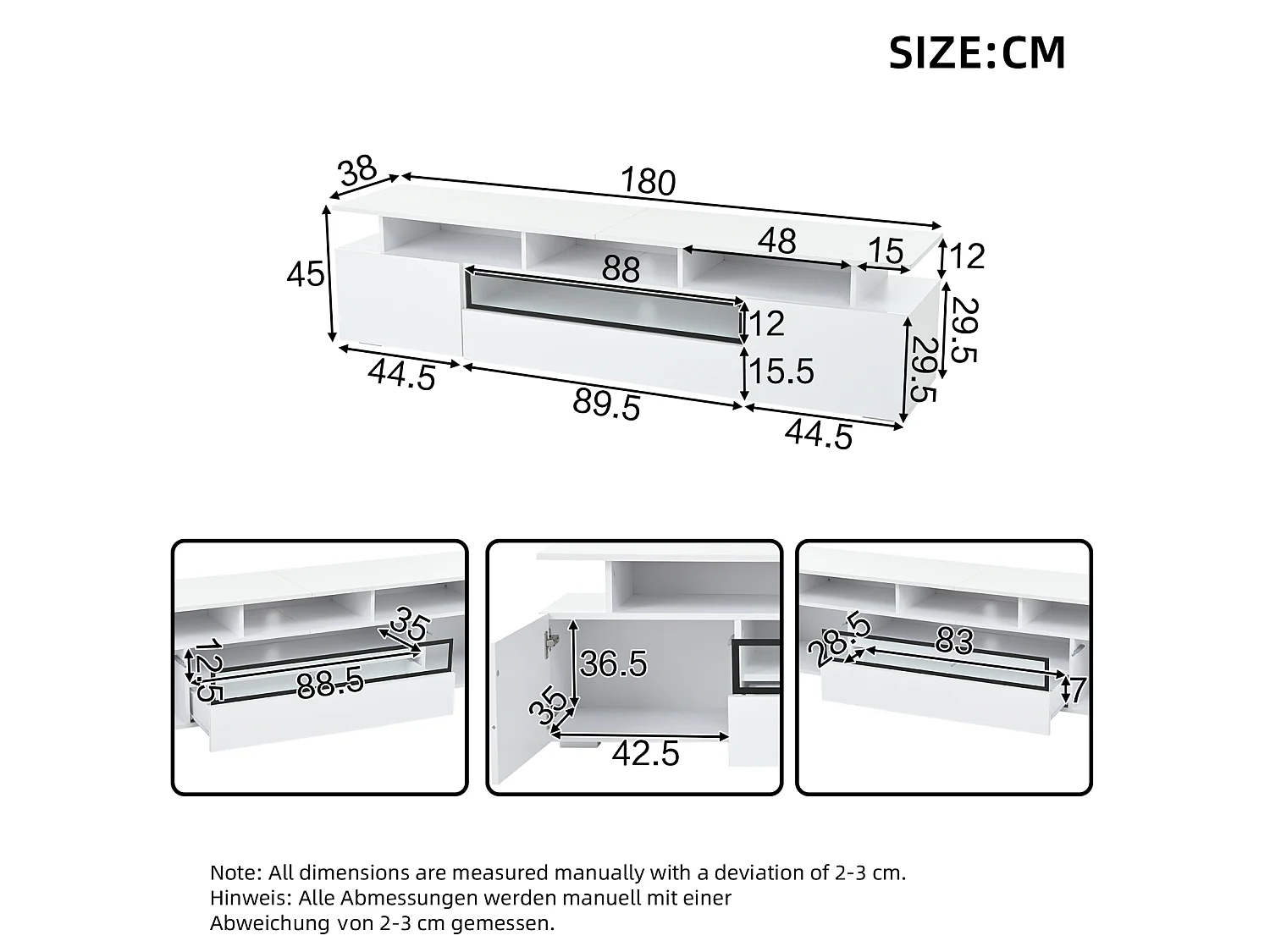 Meuble TV bas 180×38×45 cm laqué avec LED, 2 placards, 1 tiroir et 10 niches, pour TV jusqu’à 75"