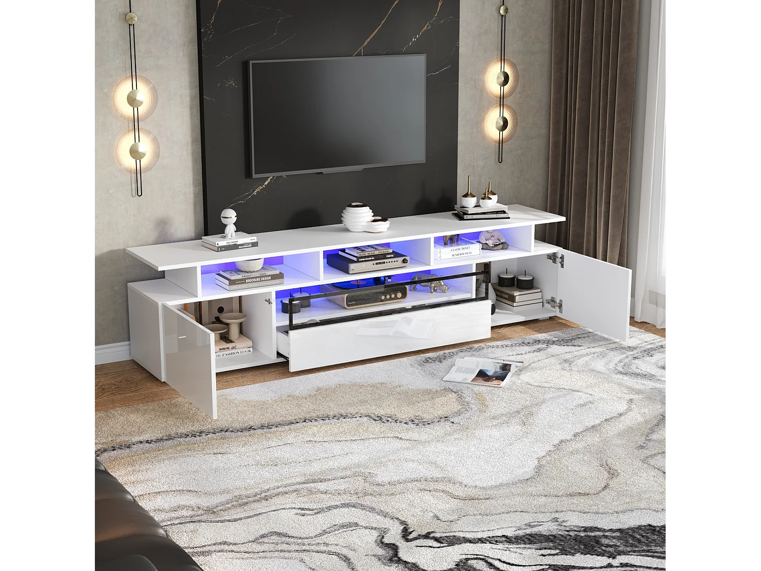Meuble TV bas 180×38×45 cm laqué avec LED, 2 placards, 1 tiroir et 10 niches, pour TV jusqu’à 75"