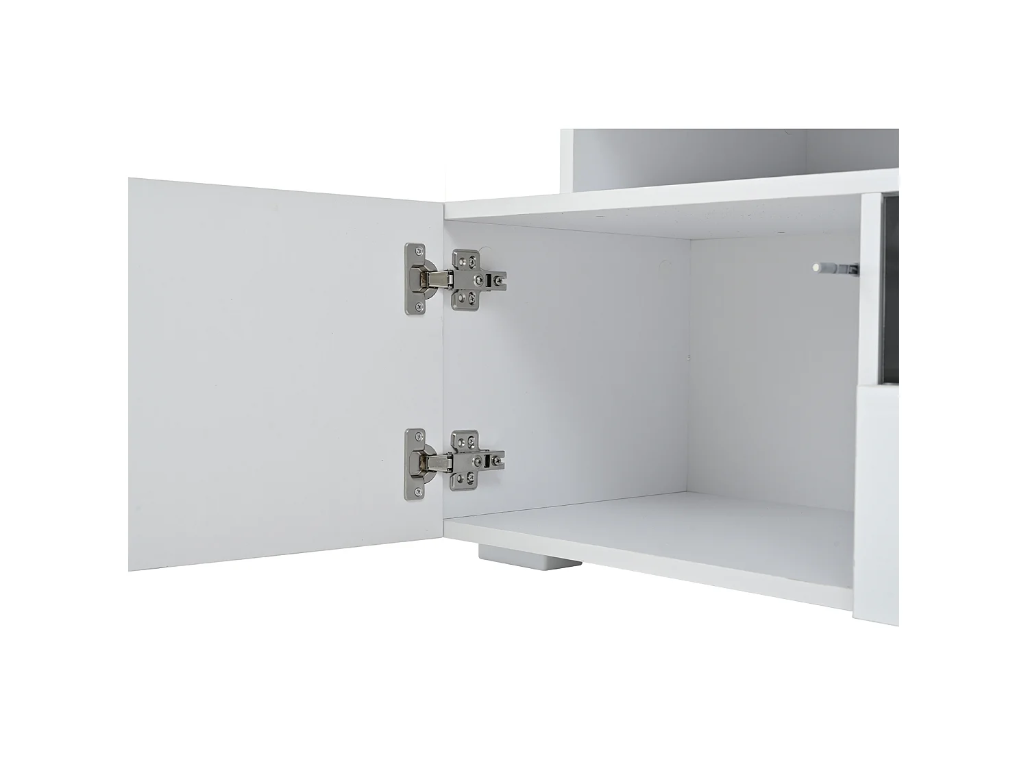Meuble TV bas 180×38×45 cm laqué avec LED, 2 placards, 1 tiroir et 10 niches, pour TV jusqu’à 75"