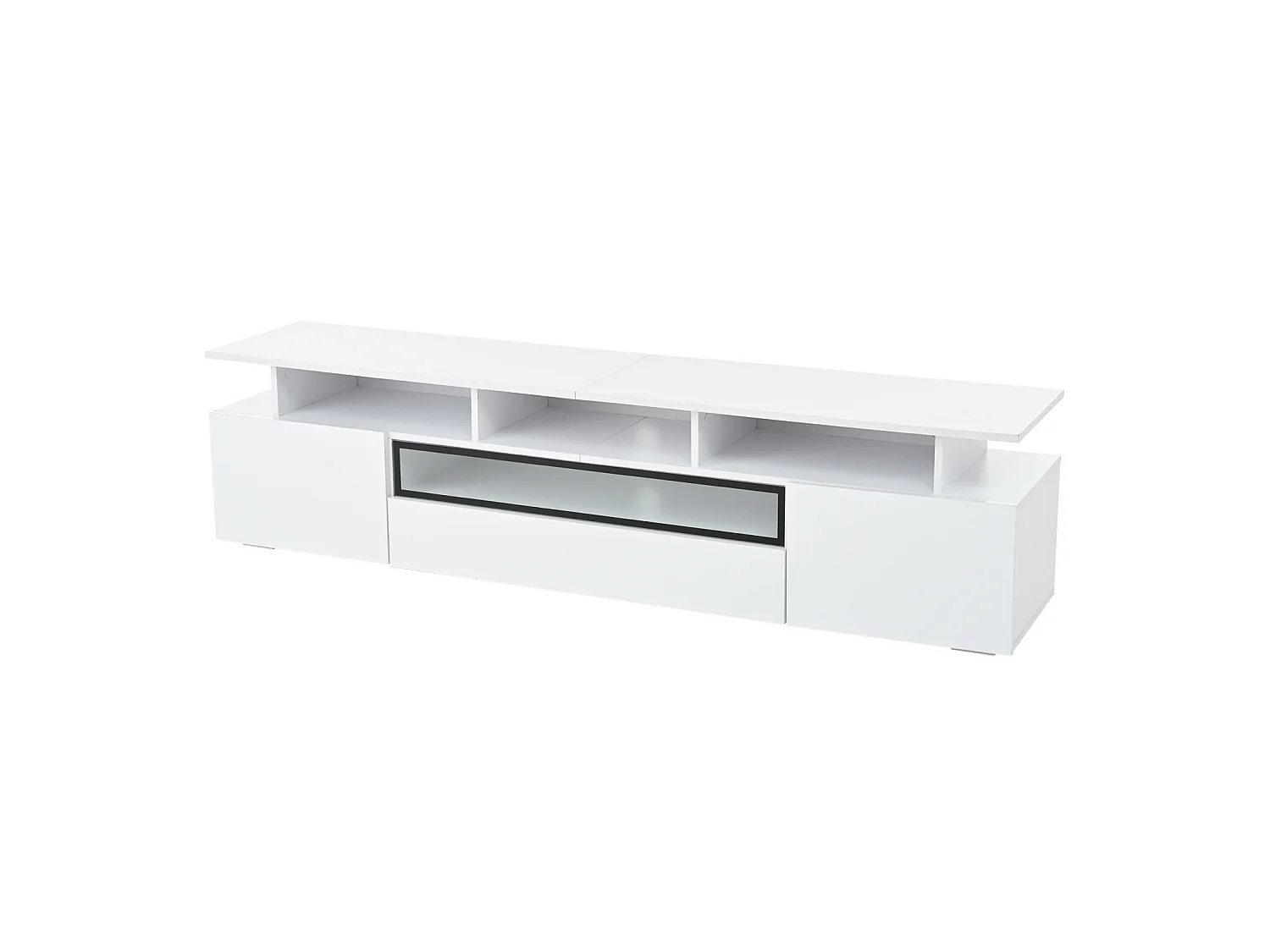 Meuble TV bas 180×38×45 cm laqué avec LED, 2 placards, 1 tiroir et 10 niches, pour TV jusqu’à 75"